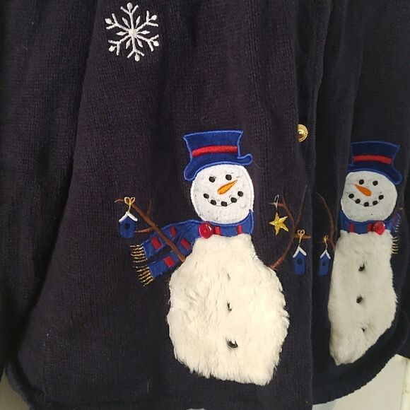 Krystal Kobe navy button down snowman snowflakes winter cardigan Sz M - Picture 2 of 6
